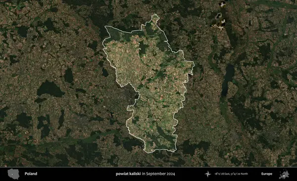powiat kaliski. Polonya 'nın idari alanı, Eylül 2024' te çekilen Kopernik Nöbetçi karolarından oluşan koyu renkli bir uydu görüntüsü üzerine vurgulandı ve özetlendi