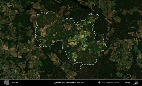 gmina Kalisz Pomorski. Polonya 'nın idari alanı, Haziran 2018' de çekilen Kopernik Nöbetçi karolarından oluşan koyu renkli bir uydu görüntüsüyle vurgulandı ve özetlendi