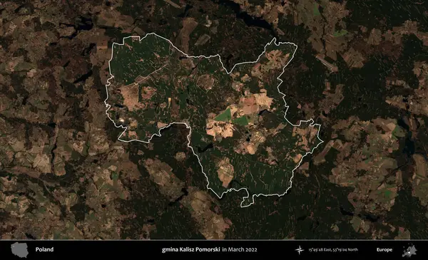 gmina Kalisz Pomorski. Polonya 'nın idari alanı, Mart 2022' de çekilen Kopernik Nöbetçi karolarından oluşan koyu renkli bir uydu görüntüsü üzerine vurgulandı ve özetlendi.
