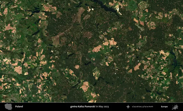 gmina Kalisz Pomorski. Copernicus Sentinel 'in Mayıs 2023' te çekilmiş uydu görüntüsü üzerine Polonya 'nın idari bölgesi.
