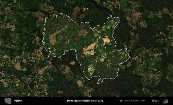 gmina Kalisz Pomorski. Polonya 'nın idari alanı, Mayıs 2024' te çekilen Kopernik Nöbetçi karolarından oluşan koyu renkli bir uydu görüntüsü üzerinde vurgulandı ve özetlendi.