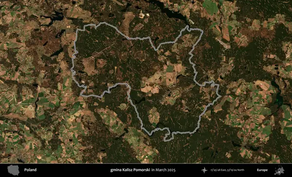 gmina Kalisz Pomorski. Polonya 'nın idari bölgesinin ana hatları, Mart 2025' te çekilen Kopernik Nöbetçi karolarından oluşan bir uydu görüntüsü üzerine çizildi.