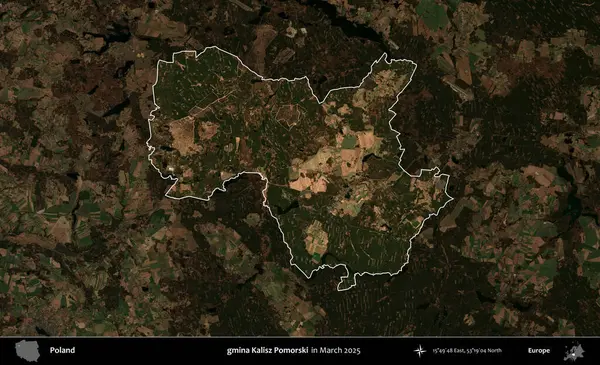 gmina Kalisz Pomorski. Polonya 'nın idari alanı, Mart 2025' te çekilen Kopernik Nöbetçi karolarından oluşan koyu renkli bir uydu görüntüsü üzerine vurgulandı ve özetlendi