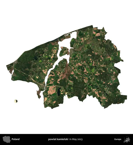 powiat kamienski. Polonya 'nın idari bölgesi, Mayıs 2023' te çekilen Kopernik Nöbetçi Fayanslarından oluşan bir uydu görüntüsüyle beyaza izole edildi.