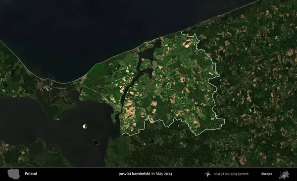 powiat kamienski. Polonya 'nın idari alanı, Mayıs 2024' te çekilen Kopernik Nöbetçi karolarından oluşan koyu renkli bir uydu görüntüsü üzerinde vurgulandı ve özetlendi.