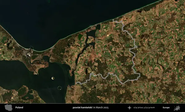 powiat kamienski. Polonya 'nın idari bölgesinin ana hatları, Mart 2025' te çekilen Kopernik Nöbetçi karolarından oluşan bir uydu görüntüsü üzerine çizildi.