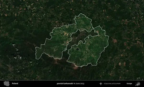 powiat karkonoski. Polonya 'nın idari alanı, Haziran 2023' te çekilen Kopernik Nöbetçi karolarından oluşan koyu renkli bir uydu görüntüsü üzerine vurgulandı ve özetlendi.