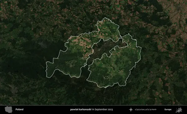 powiat karkonoski. Polonya 'nın idari alanı, Eylül 2023' te çekilen Kopernik Nöbetçi karolarından oluşan koyu renkli bir uydu görüntüsü üzerine vurgulandı ve özetlendi.