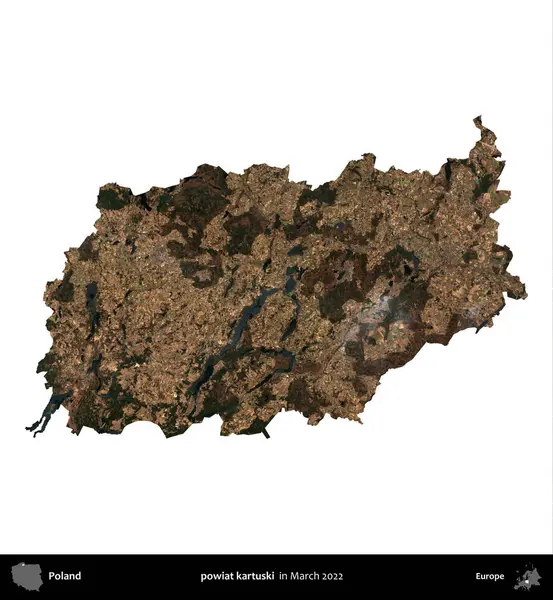 Powiat Karuski. Polonya idari bölgesi, Mart 2022 'de çekilen Kopernik Nöbetçi karolarından oluşan bir uydu görüntüsü üzerinde beyaza izole edildi.