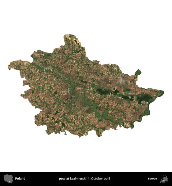 powiat kazimierski. Polonya idari bölgesi, Ekim 2018 'de çekilen Kopernik Nöbetçi karolarından oluşan bir uydu görüntüsü üzerinde beyaza izole edildi.