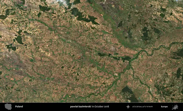 powiat kazimierski. Polonya 'nın idari bölgesi, Ekim 2018' de çekilen Kopernik Sentinel karolarından oluşan bir uydu görüntüsü üzerine kurulmuştur.