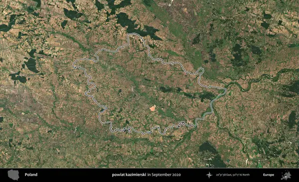 powiat kazimierski. Eylül 2020 'de çekilen Kopernik Nöbetçi karolarından oluşan bir uydu görüntüsü üzerine Polonya' nın idari bölgesinin ana hatlarını çizdim.
