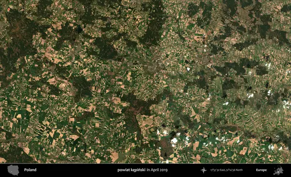 powiat kepinski. Nisan 2019 'da çekilen Kopernik Sentinel karolarından oluşan bir uydu görüntüsü üzerine Polonya' nın idari bölgesi