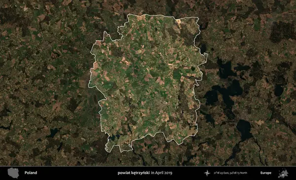 powiat ketrzynski. Polonya 'nın idari alanı, Nisan 2019' da çekilen Kopernik Nöbetçi karolarından oluşan koyu renkli bir uydu görüntüsü üzerine vurgulandı ve özetlendi.