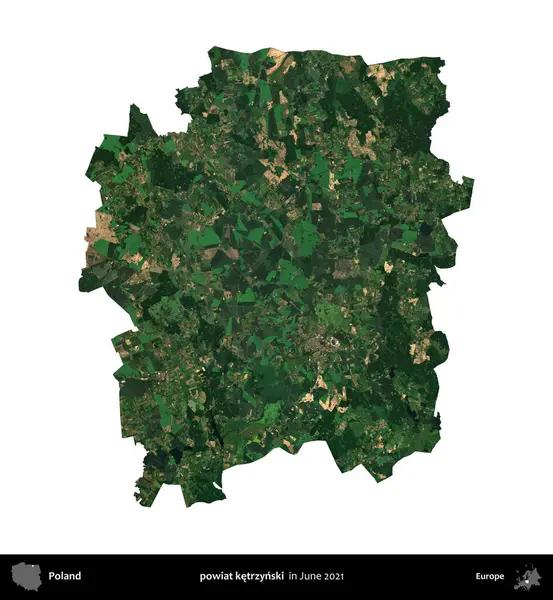 powiat ketrzynski. Polonya idari bölgesi, Haziran 2021 'de çekilen Kopernik Nöbetçi karolarından oluşan bir uydu görüntüsü üzerinde beyaza izole edildi.