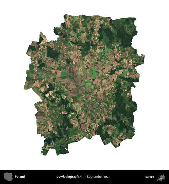powiat ketrzynski. Polonya idari bölgesi, Eylül 2021 'de çekilen Kopernik Nöbetçi karolarından oluşan bir uydu görüntüsü üzerinde beyaza izole edildi.