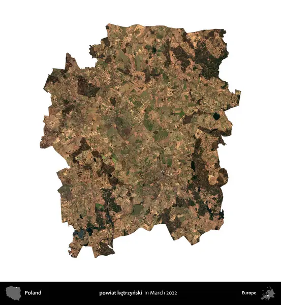 powiat ketrzynski. Polonya idari bölgesi, Mart 2022 'de çekilen Kopernik Nöbetçi karolarından oluşan bir uydu görüntüsü üzerinde beyaza izole edildi.