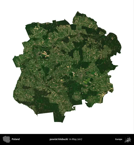powiat klobucki. Polonya idari bölgesi, Mayıs 2017 'de çekilen Kopernik Nöbetçi karolarından oluşan bir uydu görüntüsü üzerinde beyaza izole edildi.