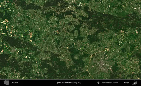 powiat klobucki. Copernicus Sentinel 'in Mayıs 2017' de çekilmiş uydu görüntüsü üzerine Polonya 'nın idari bölgesi.