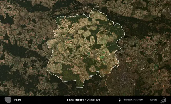 powiat klobucki. Polonya 'nın idari alanı, Ekim 2018' de çekilen Kopernik Nöbetçi karolarından oluşan koyu renkli bir uydu görüntüsü üzerine vurgulandı ve özetlendi