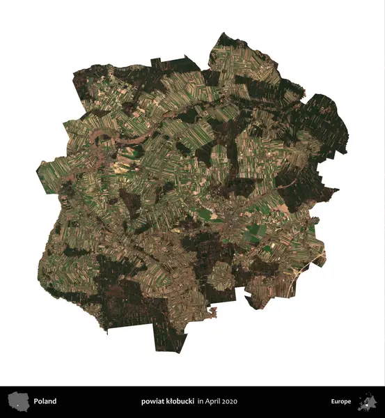 powiat klobucki. Polonya idari bölgesi, Nisan 2020 'de çekilen Kopernik Nöbetçi karolarından oluşan bir uydu görüntüsü üzerinde beyaza izole edildi.