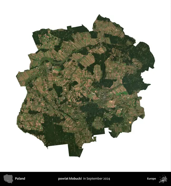 powiat klobucki. Polonya idari bölgesi, Eylül 2024 'te çekilen Kopernik Nöbetçi karolarından oluşan bir uydu görüntüsü üzerinde beyaza izole edildi.
