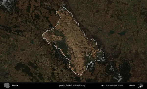 powiat klodzki. Polonya 'nın idari alanı, Mart 2025' te çekilen Kopernik Nöbetçi karolarından oluşan koyu renkli bir uydu görüntüsü üzerine vurgulandı ve özetlendi