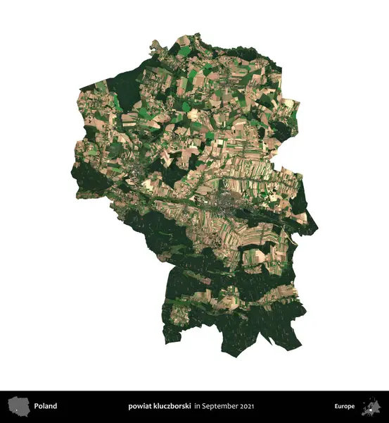 powiat kluczborski. Polonya idari bölgesi, Eylül 2021 'de çekilen Kopernik Nöbetçi karolarından oluşan bir uydu görüntüsü üzerinde beyaza izole edildi.