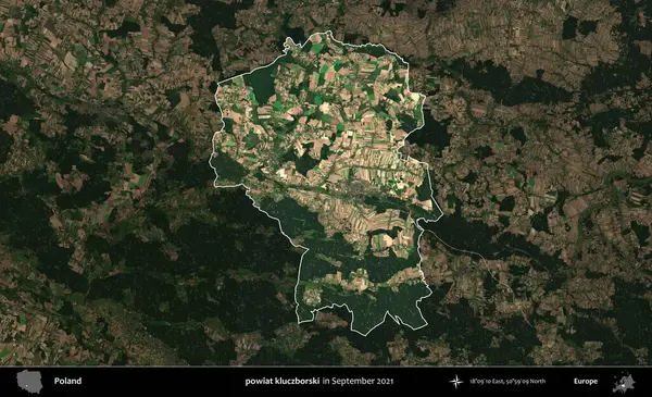 powiat kluczborski. Polonya 'nın idari alanı, Eylül 2021' de çekilen Kopernik Nöbetçi karolarından oluşan koyu renkli bir uydu görüntüsü üzerine vurgulandı ve özetlendi