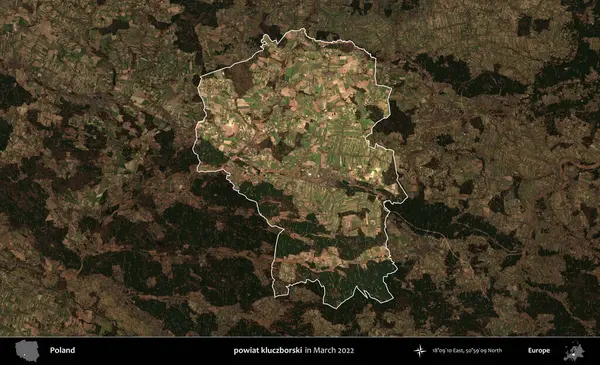 powiat kluczborski. Polonya 'nın idari alanı, Mart 2022' de çekilen Kopernik Nöbetçi karolarından oluşan koyu renkli bir uydu görüntüsü üzerine vurgulandı ve özetlendi.