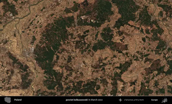 powiat kolbuszowski. Copernicus Sentinel 'in Mart 2022' de çekilmiş uydu görüntüsü üzerine Polonya 'nın idari bölgesi.