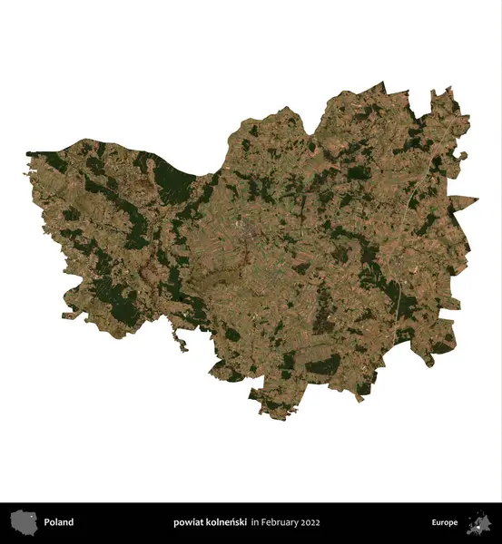 powiat kolnenski. Polonya idari bölgesi, Şubat 2022 'de çekilen Kopernik Nöbetçi karolarından oluşan bir uydu görüntüsü üzerinde beyaza izole edildi.