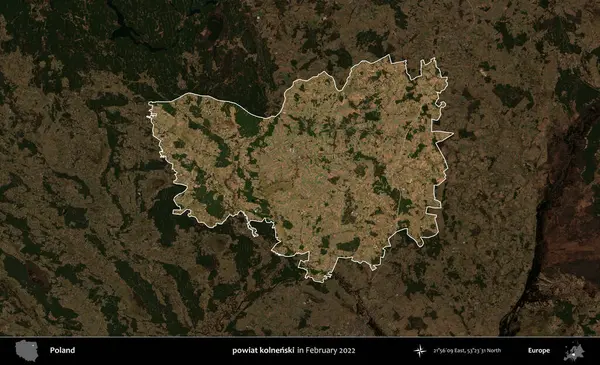 powiat kolnenski. Polonya 'nın idari alanı, Şubat 2022' de çekilen Kopernik Nöbetçi karolarından oluşan koyu renkli bir uydu görüntüsü üzerine vurgulandı ve özetlendi.