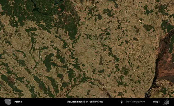 powiat kolnenski. Polonya 'nın idari bölgesi, Şubat 2022' de çekilen Kopernik Sentinel karolarından oluşan bir uydu görüntüsü üzerine kurulmuştur.