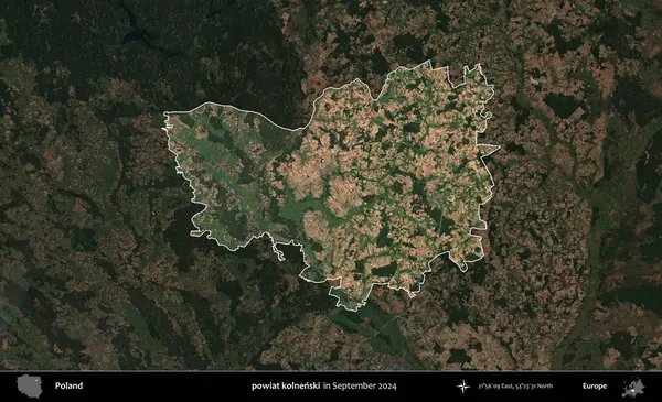 powiat kolnenski. Polonya 'nın idari alanı, Eylül 2024' te çekilen Kopernik Nöbetçi karolarından oluşan koyu renkli bir uydu görüntüsü üzerine vurgulandı ve özetlendi