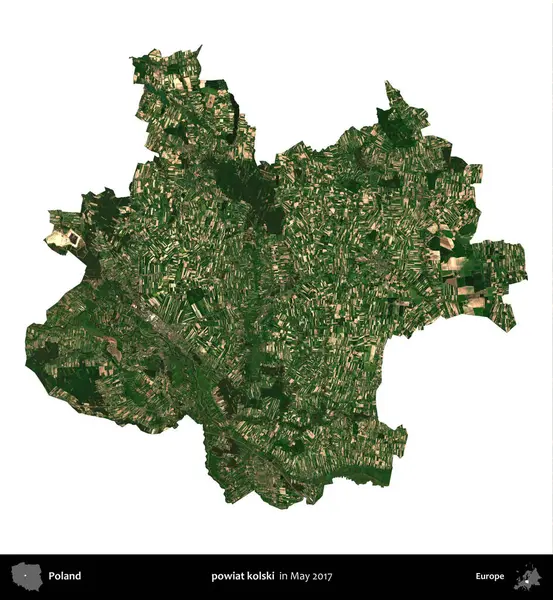 powiat kolski. Polonya idari bölgesi, Mayıs 2017 'de çekilen Kopernik Nöbetçi karolarından oluşan bir uydu görüntüsü üzerinde beyaza izole edildi.