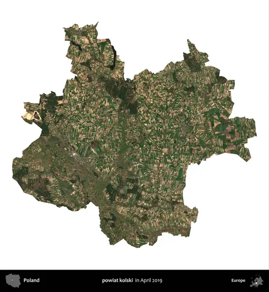 powiat kolski. Polonya idari bölgesi, Nisan 2019 'da çekilen Kopernik Nöbetçi karolarından oluşan bir uydu görüntüsü üzerinde beyaza izole edildi.