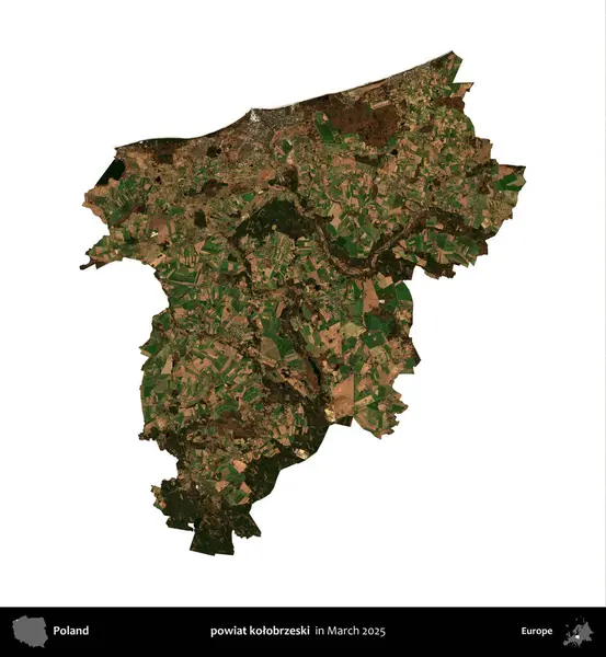 powiat kolobrzeski. Polonya idari bölgesi, Mart 2025 'te çekilen Kopernik Nöbetçi karolarından oluşan bir uydu görüntüsü üzerinde beyaza izole edildi.