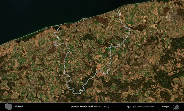 powiat kolobrzeski. Polonya 'nın idari bölgesinin ana hatları, Mart 2025' te çekilen Kopernik Nöbetçi karolarından oluşan bir uydu görüntüsü üzerine çizildi.