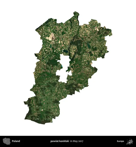 powiat koninski. Polonya idari bölgesi, Mayıs 2017 'de çekilen Kopernik Nöbetçi karolarından oluşan bir uydu görüntüsü üzerinde beyaza izole edildi.