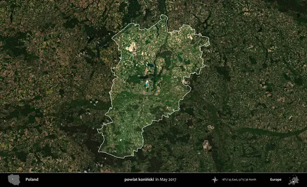 powiat koninski. Polonya 'nın idari alanı, Mayıs 2017' de çekilen Kopernik Nöbetçi karolarından oluşan koyu renkli bir uydu görüntüsü üzerinde vurgulandı ve özetlendi.