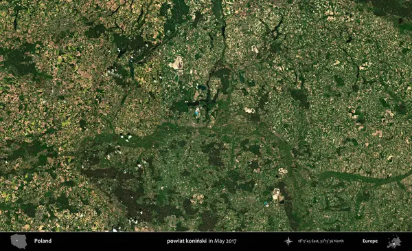 powiat koninski. Copernicus Sentinel 'in Mayıs 2017' de çekilmiş uydu görüntüsü üzerine Polonya 'nın idari bölgesi.