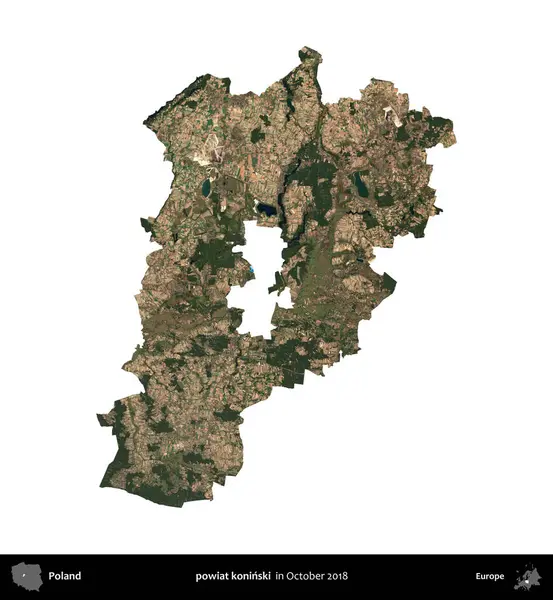 powiat koninski. Polonya idari bölgesi, Ekim 2018 'de çekilen Kopernik Nöbetçi karolarından oluşan bir uydu görüntüsü üzerinde beyaza izole edildi.