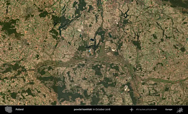 powiat koninski. Polonya 'nın idari bölgesi, Ekim 2018' de çekilen Kopernik Sentinel karolarından oluşan bir uydu görüntüsü üzerine kurulmuştur.