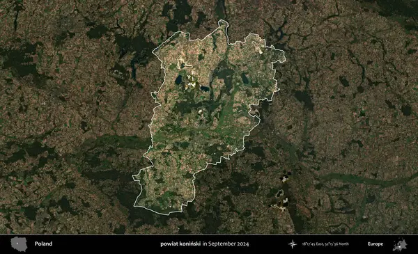 powiat koninski. Polonya 'nın idari alanı, Eylül 2024' te çekilen Kopernik Nöbetçi karolarından oluşan koyu renkli bir uydu görüntüsü üzerine vurgulandı ve özetlendi