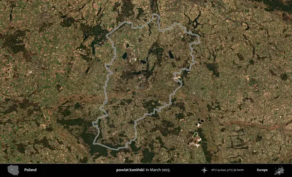 powiat koninski. Polonya 'nın idari bölgesinin ana hatları, Mart 2025' te çekilen Kopernik Nöbetçi karolarından oluşan bir uydu görüntüsü üzerine çizildi.