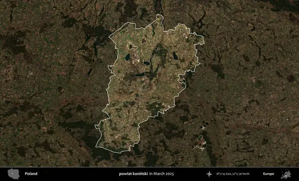 powiat koninski. Polonya 'nın idari alanı, Mart 2025' te çekilen Kopernik Nöbetçi karolarından oluşan koyu renkli bir uydu görüntüsü üzerine vurgulandı ve özetlendi