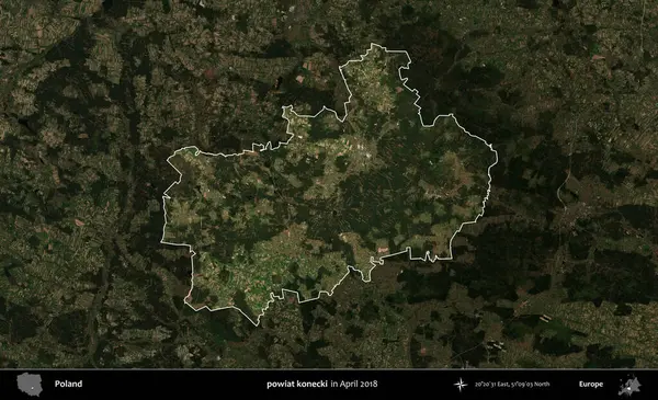 powiat konecki. Polonya 'nın idari alanı, Nisan 2018' de çekilen Kopernik Nöbetçi karolarından oluşan koyu renkli bir uydu görüntüsü üzerine vurgulandı ve özetlendi