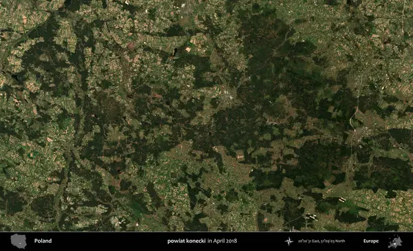 powiat konecki. Nisan 2018 'de çekilen Kopernik Sentinel karolarından oluşan bir uydu görüntüsü üzerine Polonya' nın idari bölgesi