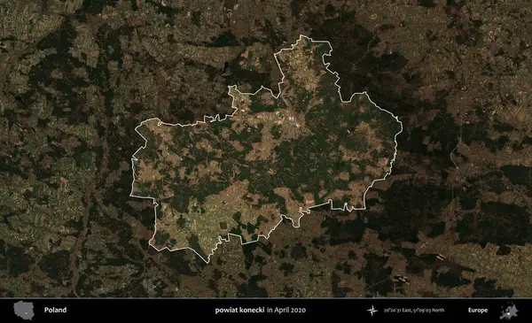 powiat konecki. Polonya 'nın idari alanı, Nisan 2020' de çekilen Kopernik Nöbetçi karolarından oluşan koyu renkli bir uydu görüntüsü üzerine vurgulandı ve özetlendi